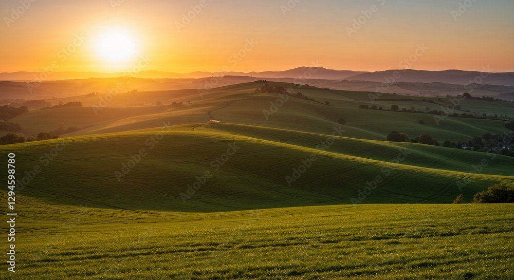 Fototapeta premium Vibrant Green Hills in Golden Hour Light Sunlight for Nature Websites, Environmental Conservation, Rural Tourism, Agricultural Business Marketing, Travel Blogs, Countryside Vacation Promotions