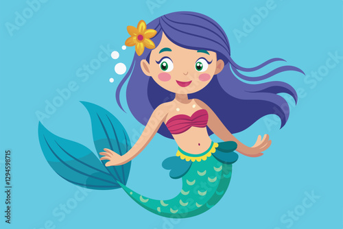 A cheerful cartoon mermaid is swimming, featuring vibrant colors and a lovely flower in her hair, Mermaid Customizable Cartoon Illustration