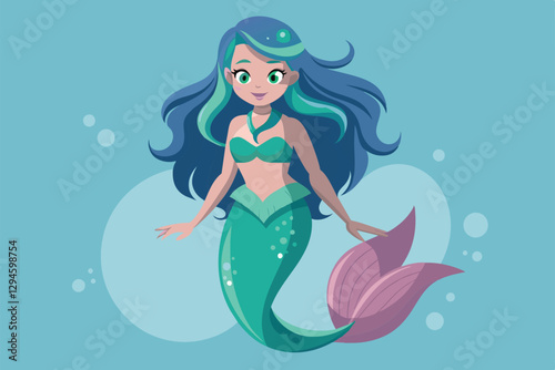 This artwork features a playful mermaid with flowing hair and a colorful tail, perfect for customization, Mermaid Customizable Disproportionate Illustration