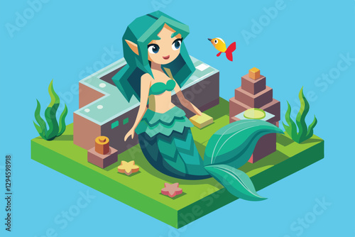 A cheerful mermaid interacts with a small fish amid a vibrant underwater landscape filled with plants, Mermaid Customizable Isometric Illustration