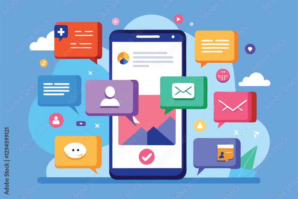 A smartphone is surrounded by colorful message notifications from social networks and emails, Messages at phone from social networks and email, A smartphone is surrounded by colorful message notifications from social networks and emails, Messages at phone from social networks and email,