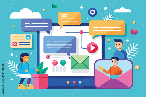 Colorful design showcasing customizable messages with users, interactive elements, and digital communication tools, Messages Customizable Flat Illustration