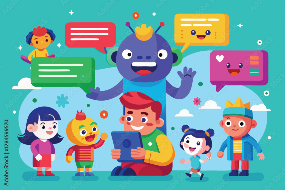 A group of diverse children interacts joyfully with a colorful character, sharing messages and laughter, Messaging fun Customizable Disproportionate Illustration A group of diverse children interacts joyfully with a colorful character, sharing messages and laughter, Messaging fun Customizable Disproportionate Illustration