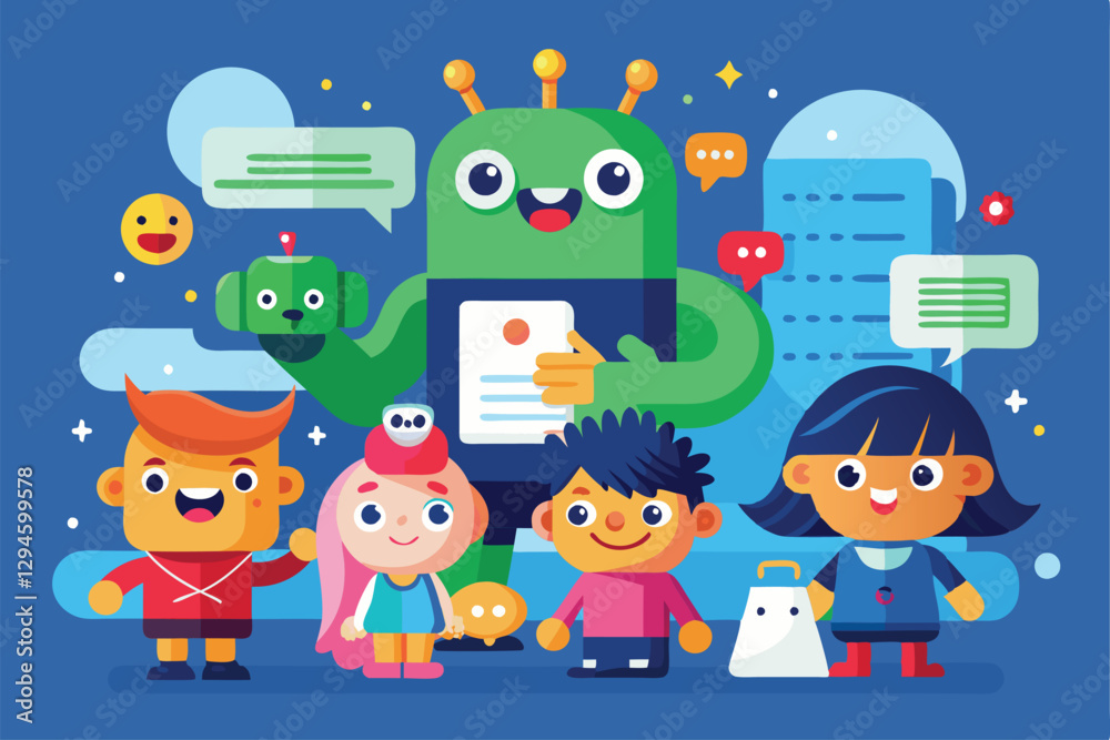 A group of cheerful children engages with a playful alien character amidst vibrant messaging elements, Messaging fun Customizable Disproportionate Illustration A group of cheerful children engages with a playful alien character amidst vibrant messaging elements, Messaging fun Customizable Disproportionate Illustration