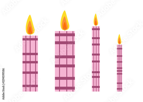 Festive candles set hand drawn flat vector illustration, colorful holiday celebration collection of decorated objects of different sizes for birthday, wedding, Christmas, any other purpose