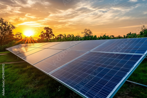 Solar panels in forest at sunset for sustainable energy concept