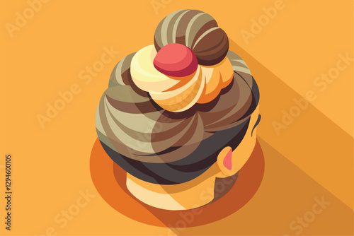 A colorful depiction of a customizable messy bun hairstyle viewed from above against a vibrant backdrop, Messy bun Customizable Isometric Illustration
