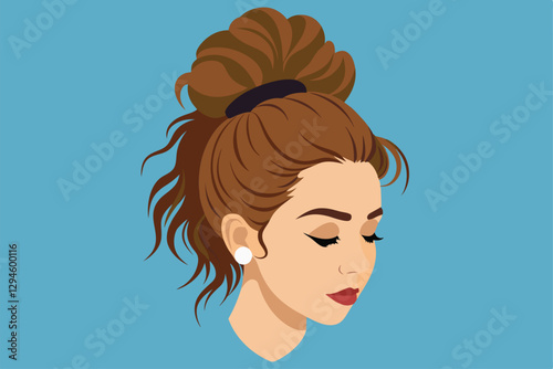 A woman with a messy bun hairstyle is illustrated with a soft blue background, showcasing a relaxed demeanor, Messy bun Customizable Disproportionate Illustration