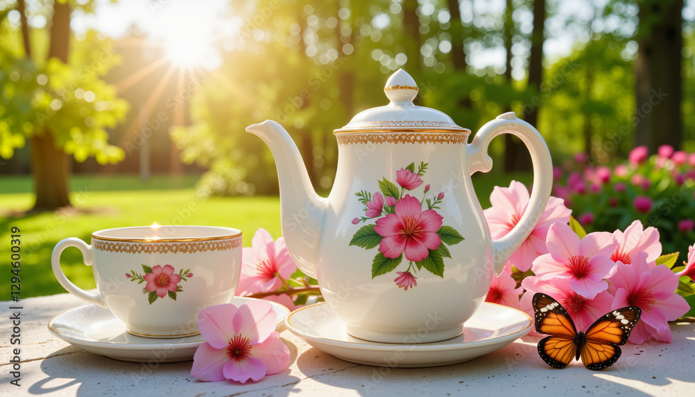 Fototapeta premium Delicate tea set adorned with blossoms in sunlit garden, spring celebration