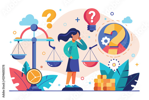 A person stands thoughtfully with scales, question marks, and lightbulbs illustrating decision-making, Metaphor for making decisions and finding answers,