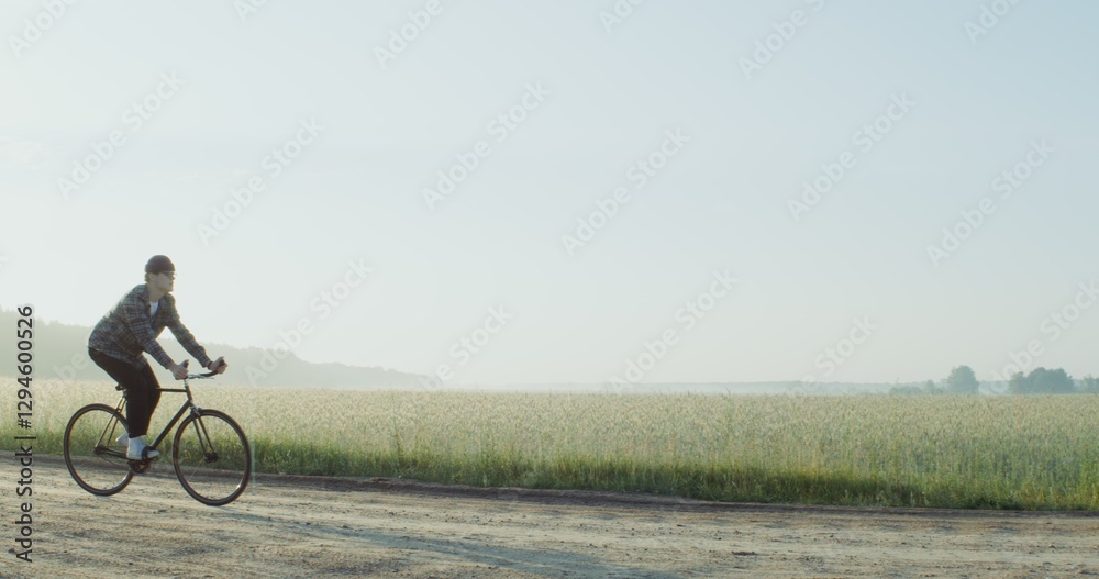Obraz premium A young stylishly dressed man, with a camera hanging around his neck, rides a bicycle on a gravel road near a wheat field in the rays of the rising sun. 4k video, red komodo