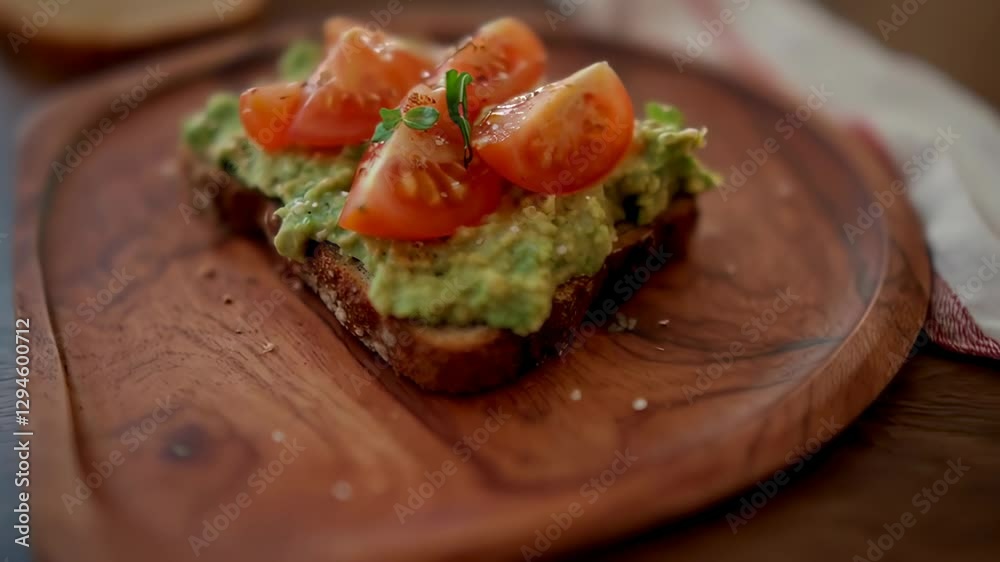 Delicious avocado toast with cherry tomatoes and fresh herbs