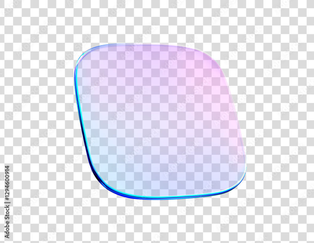 3d glass square holographic disk. Hologram crystal glass plate transparent. Blue purple gradient 3d shape prism effect. Blue purple flying podium, badge, crystal. Vector realistic illustration