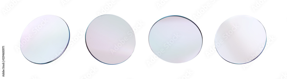 3d glass round lens. Set realistic transparent glass plate glossy effect. Mirror frame shape. Disk holographic texture. Fly round podium. Gradient gloss circular badge. Vector realistic illustration