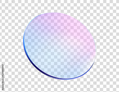3d glass round holographic disk. Hologram crystal glass plate transparent. Blue purple gradient 3d shape prism effect. Blue purple flying podium, badge, crystal. Vector realistic illustration