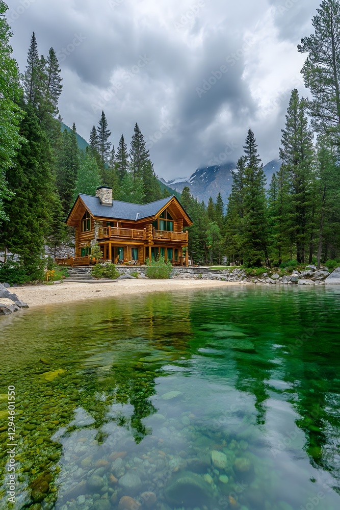 Fototapeta premium Stunning Log Cabin Lakeside Mountain View