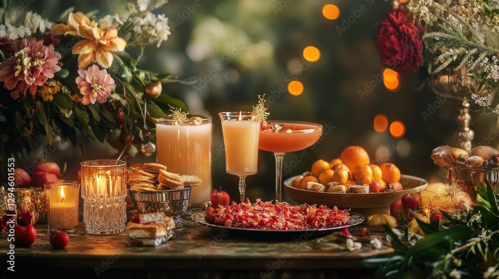 Fototapeta premium A table filled with traditional festive foods and drinks, beautifully arranged with candles, flowers, and sparkling decorations, soft-focus background, high-quality food photography