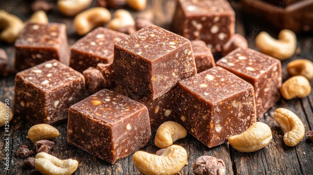Chocolate cashew cubes on rustic wooden table with scattered nuts and pieces Chocolate cashew cubes on rustic wooden table with scattered nuts and pieces