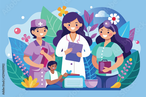 Three midwives engage in a collaborative effort, showcasing their dedication to maternal care and support, Midwives Customizable Flat Illustration