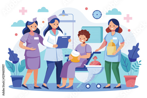 A group of midwives provides support to a new mother with her baby in a bright healthcare environment, Midwives Customizable Flat Illustration