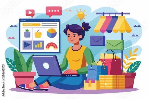 A millennial browses online shopping options on a laptop surrounded by colorful bags and charts, Millennial purchasing preferences online shopping