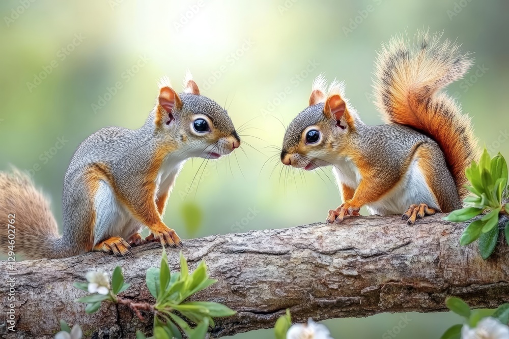 Two Squirrels Meeting on a Branch - Two adorable squirrels encounter on a tree branch, symbolizing friendship, nature, wildlife, springtime, and playful interaction Two Squirrels Meeting on a Branch - Two adorable squirrels encounter on a tree branch, symbolizing friendship, nature, wildlife, springtime, and playful interaction