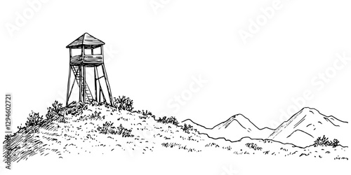 watchtower on hill with mountains sketch doodle vector