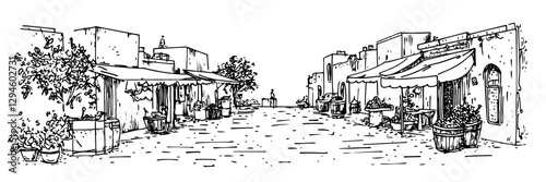 charming mediterranean street with cafes sketch doodle vector