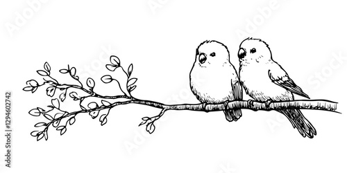 two lovebirds sitting on branch sketch doodle vector