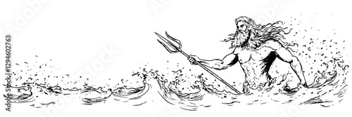 poseidon emerging from ocean waves sketch doodle vector