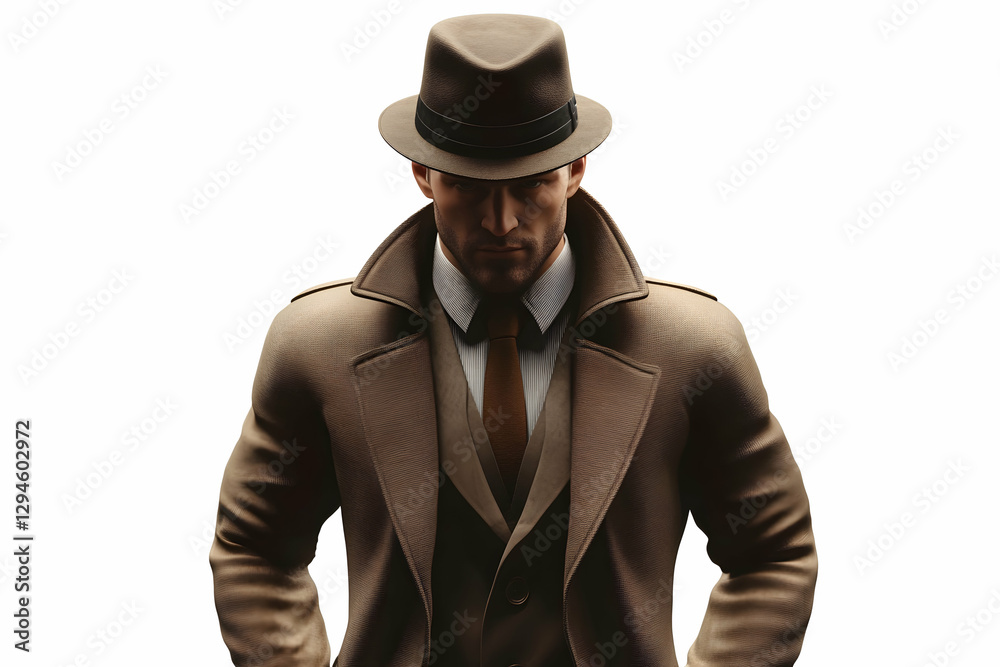 Stylish 3D animated man in a fedora and trench coat Stylish 3D animated man in a fedora and trench coat
