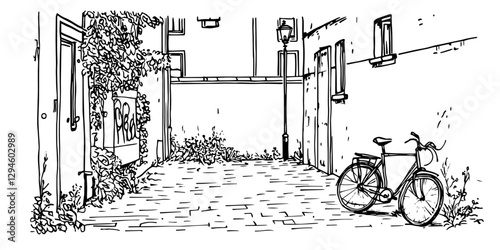 quiet urban alley with bicycle hand-drawn sketch doodle vector
