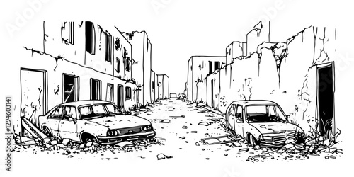 abandoned city street with ruined buildings hand-drawn post-apocalyptic vector
