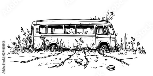 abandoned bus overgrown with plants hand-drawn post-apocalyptic vector