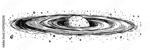 ringed planet with cosmic dust and asteroids vector doodle black sketch illustration