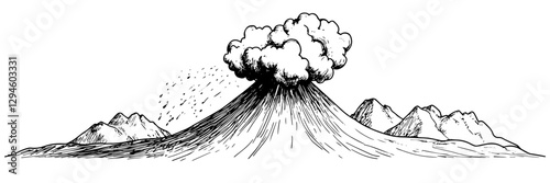 erupting volcano hand-drawn vector illustration in ink style