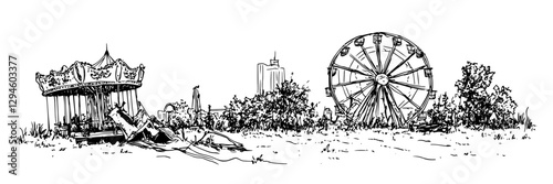 postapocalyptic abandoned amusement park with ferris wheel vector doodle black sketch illustration