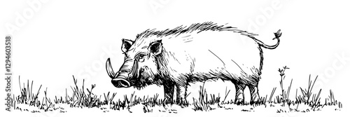 wild boar standing in grassland vector doodle black sketch illustration