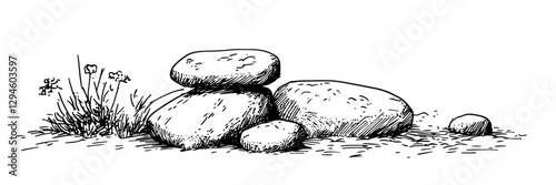 Photography stacked stones with grass and flowers vector doodle black sketch illustration