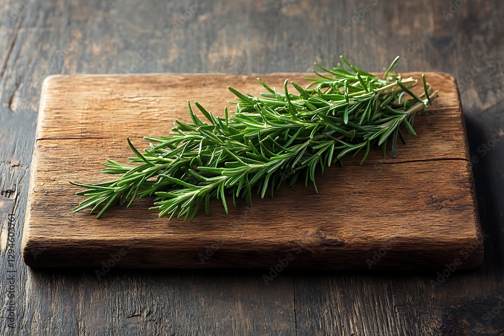 Fresh rosemary sprigs on a rustic wooden cutting board Fresh rosemary sprigs on a rustic wooden cutting board