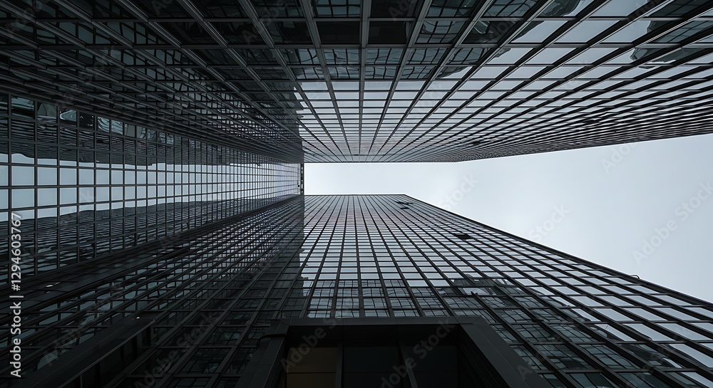 Fototapeta premium Looking Up at Modern Glass Skyscrapers Against a Gray Sky