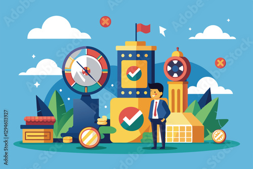 A thoughtful individual stands among clocks and coins, representing missed opportunities and choices, Missed chances Customizable Semi Flat Illustration
