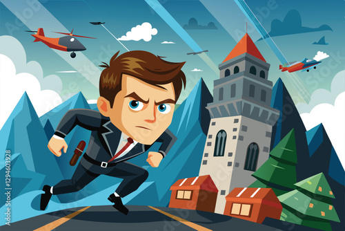 A cartoon character dressed in a suit sprints forward as helicopters hover above a mountain landscape, Mission impossible Customizable Cartoon Illustration