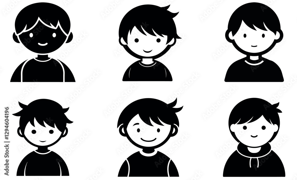 Black and White Cartoon Boy Profile Icons set Black and White Cartoon Boy Profile Icons set