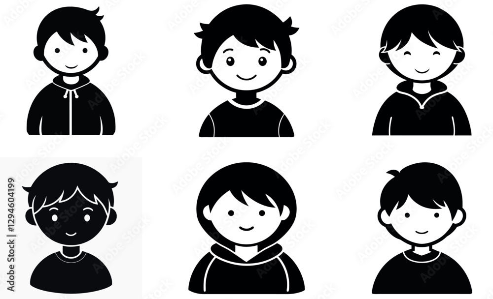 Black and White Cartoon Boy Profile Icons set Black and White Cartoon Boy Profile Icons set
