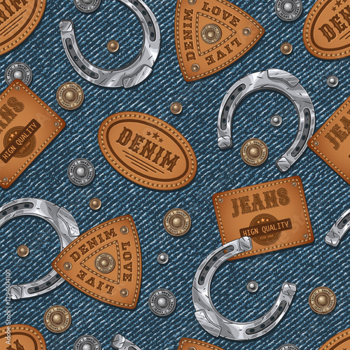 Denim seamless pattern with scattered buttons, rivets, leather brand patches, silver horseshoes. Detailed denim grunge texture on background. Vintage style