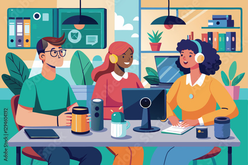Three mixed race coworkers engage with a smart speaker while collaborating at their shared workspace, Mixed-race coworkers using a smart speaker at their desks