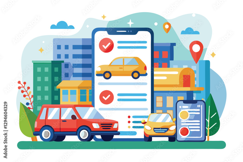 Naklejka premium A mobile app displays vehicle order options against a vibrant city backdrop with cars and buildings, Mobile application for orders automobile,