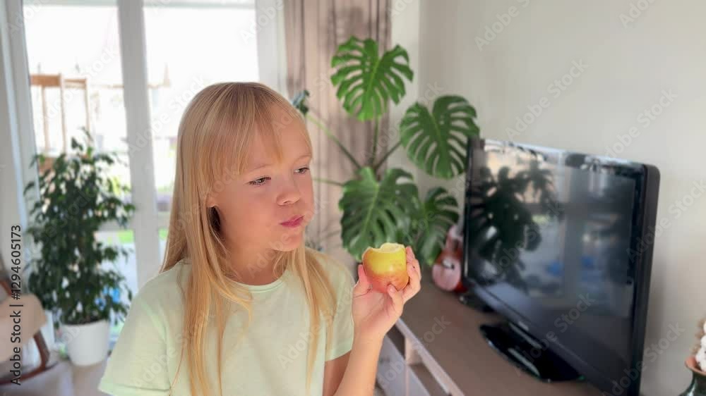 Child Blonde Girl Biting Apple and shows what she likes. Child Blonde Girl Biting Apple and shows what she likes.