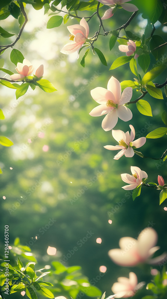 Obraz premium Blooming magnolias in the park, delicate pink and white flowers against a background of bright green leaves, sun through the trees.